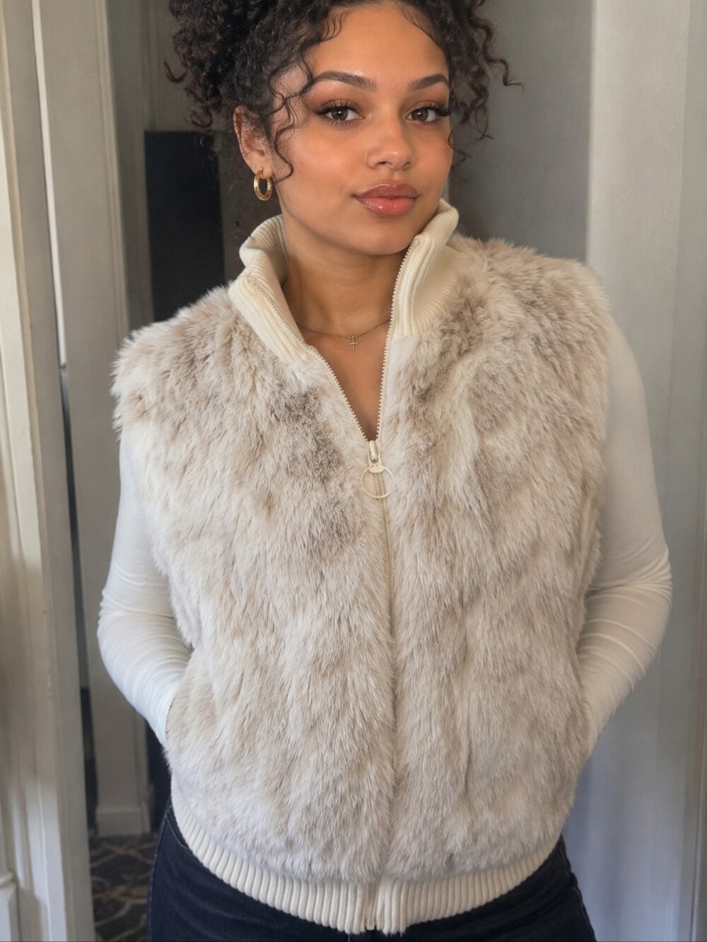 Old Navy Cream Faux Fur Zip Vest
